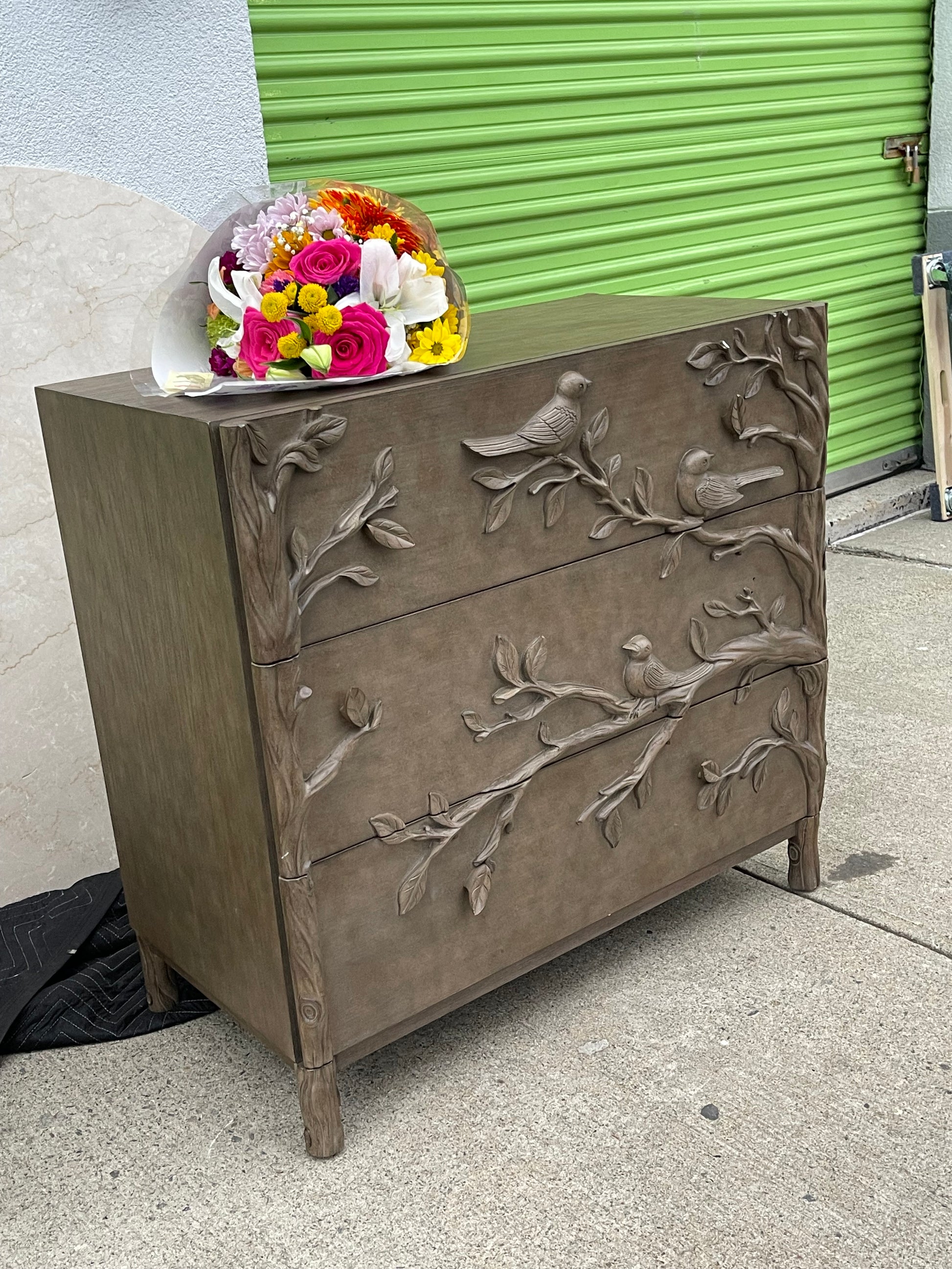 Handcarved Ornithology Three-Drawer Dresser