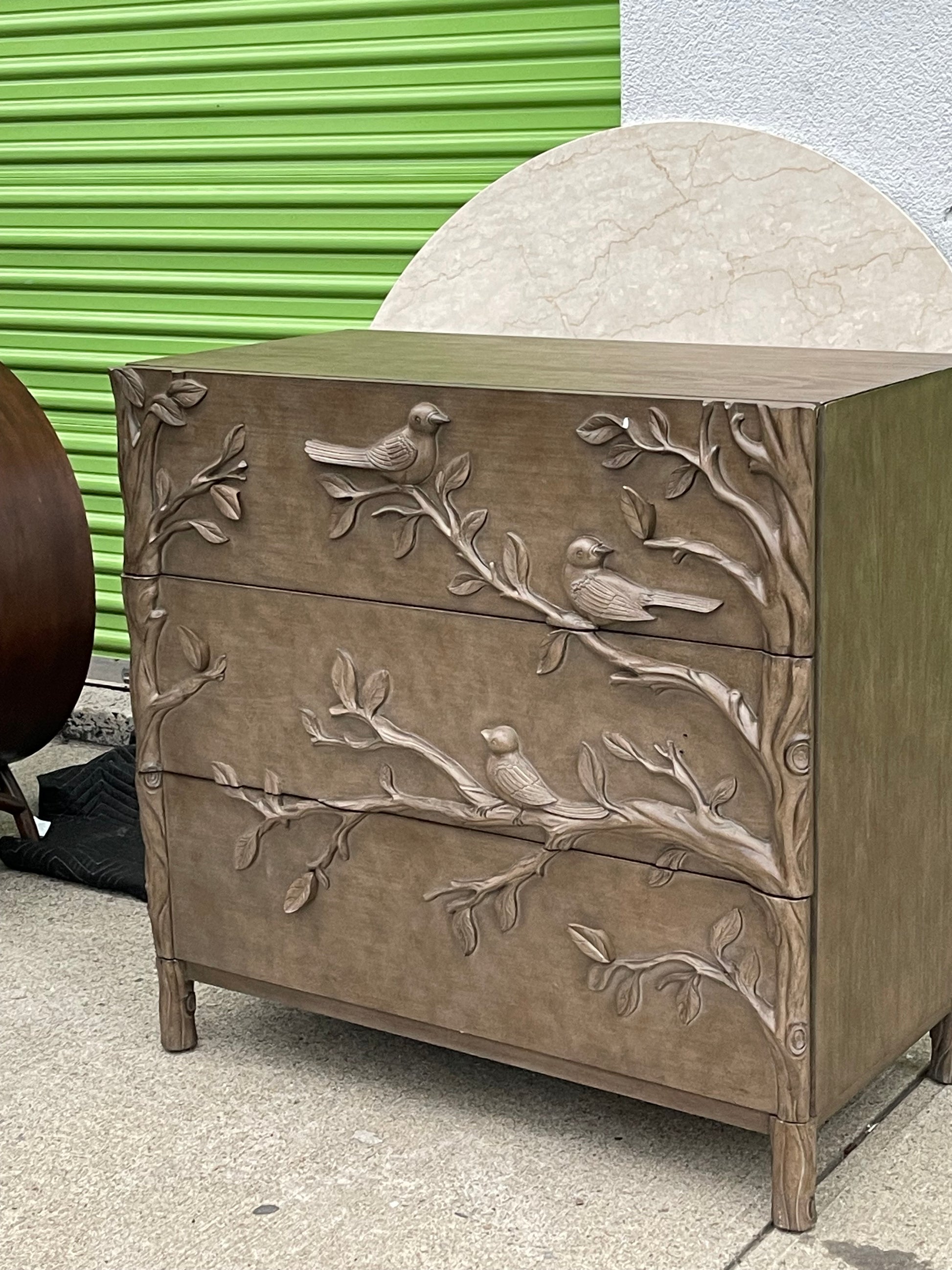 Handcarved Ornithology Three-Drawer Dresser