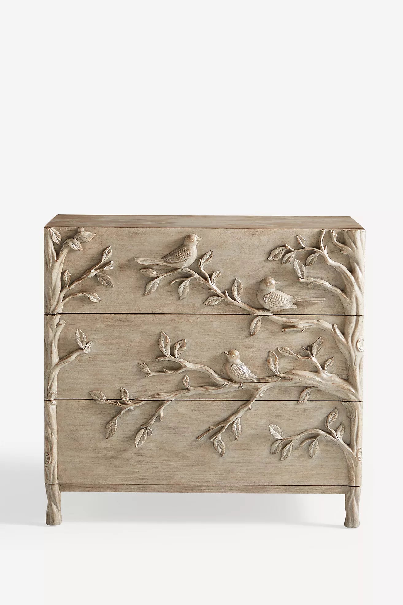 Handcarved Ornithology Three-Drawer Dresser