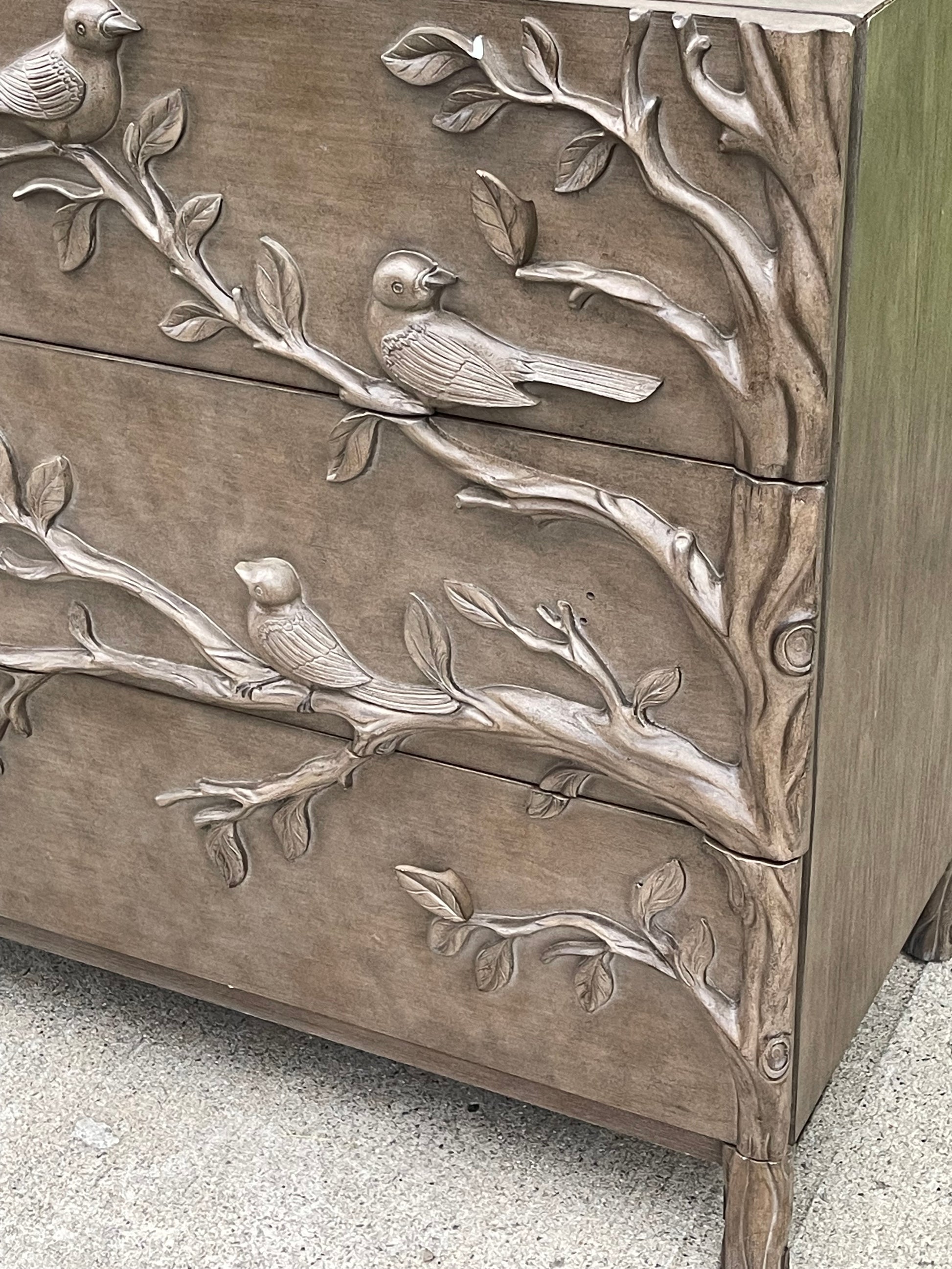 Handcarved Ornithology Three-Drawer Dresser