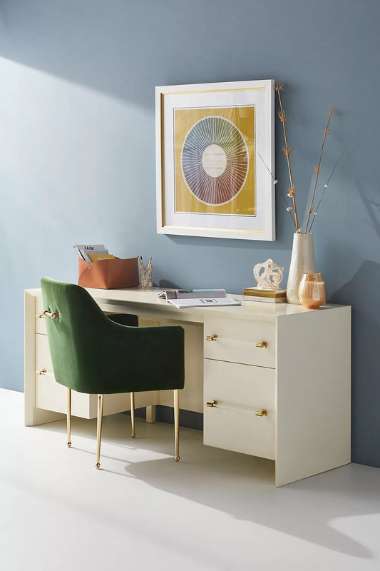 Ivory Lacquered Executive Desk with Acrylic & Brass Hardware