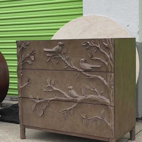 Handcarved Ornithology Three-Drawer Dresser